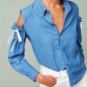 Rails Romy Cold Shoulder Ribbon Linen Button Down Blouse size XS/S Indigo Blue